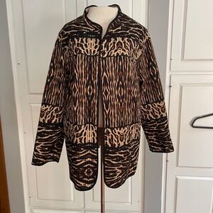 Quilted Animal Print Jacket Blazer Open Front Cardigan Womens XL? Warm Outerwear